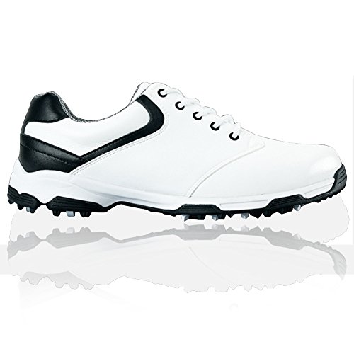 Zapatos de golf para hombre con tacos de PGM. Diseño patentado con suela antideslizante y cuero sintético de microfibra. Se atan con cordones y son impermeables., blanco y negro, #42