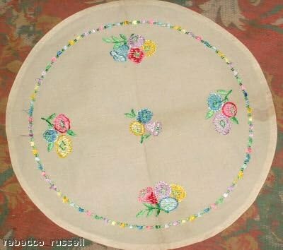 Vintage circular centre piece Linen embroidery 10