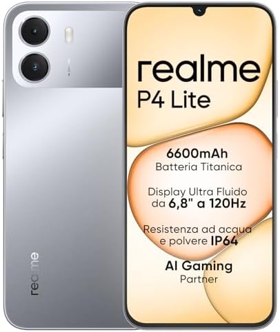Smartphone realme P4 Lite 4G, 4GB+128GB, Display LCD HD 120Hz 6,8", Batteria Titan 6600mAh, Ricarica 15W, Ricarica inversa 6W, IP64, Sistema Next AI, Grigio Titan (Senza caricabatterie)