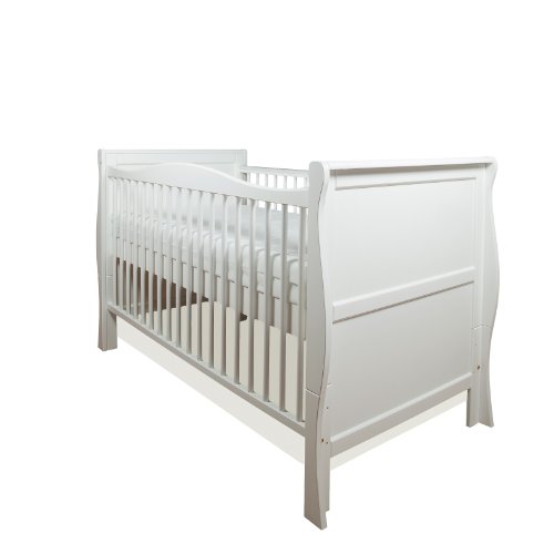 BEAUTIFUL PINE WOOD WHITE SLEIGH COT BED 3 in 1 + SUPERIOR QUALITY HIGH DENSITY FOAM (CMHR28) SAFETY MATTRESS 4'' - 10cm THICK 140/70/10cm