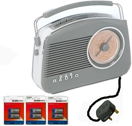 Retro Nostalgic DAB Digital Radio + FM + MW (AM) + iPod / iPhone / iPad / MP3 Input (use as a speaker) - 1950 's / 1960's Design - modern Funtions - LCD Digital Display &amp; Radio Presets - Mains Electric UK lead (Supplied) &amp; Battery Powered (Batteries INCLUDED) - UK MODEL (Pastel GREY)