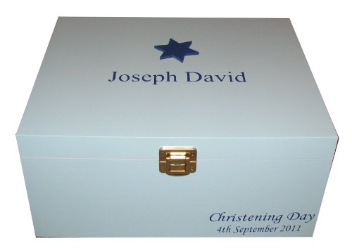 Personalised Blue Large Wooden Keepsake or Memory Storage Boxes - Christening, Naming Ceremony, Baby Shower, Birthday or Baptism Gifts for Boys