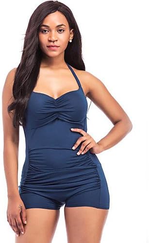 HHBO Women's Summer Solid Halter Neck Swimsuits Boxer Shorts One Piece Swimwear , light blue , s