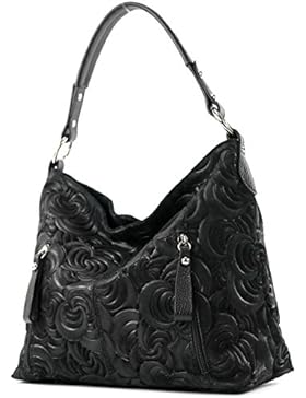 modamoda de - ital. Ledertasche Schultertasche Damentasche Wildlederprägung Blüten MS12