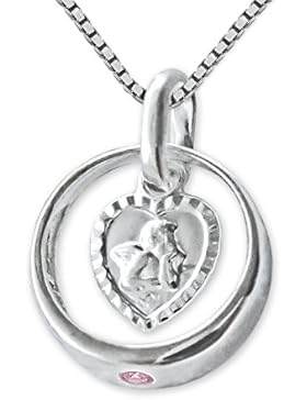 CLEVER SCHMUCK-SET Silberner Taufring mit Zirkonia rosa und Engel herzförmig und Kette Venezia 36 cm STERLING...