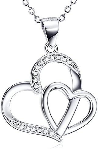 ASTRO 925 Sterling Silver CZ Double Heart Pendant Necklace, Rolo Chain 18"