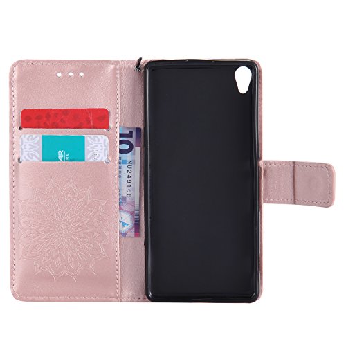 Sony Xperia XA Hülle,Sony Xperia XA Leder Sonnenblumen Hülle,Sony Xperia XA Lanyard Wallet Schutzhülle,BONROY® Retro geprägte Sonnenblumen Muster PU Leder Flip Hülle Wallet Case Tasche Cover Handytasche Schutzhülle Lederhülle Handyhülle in Book Style Stand Case mit Kredit Kartenschlitz für Sony Xperia XA-Rose Gold - 7