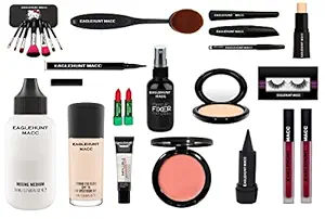 Eaglehunt Mac combo Makeup Kit For Girls (set of 19) 3in1, Kajal, Fixer, Eyelashes, Brush set of 7, Face & Foundation, Primer, Bar Bi, Tube primer, Blusher, Canceler, Compact, puff, Foundation Brush