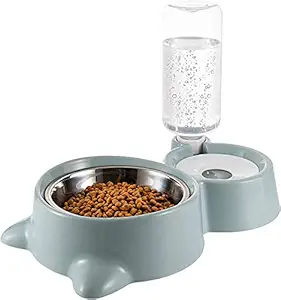 CREDLY Double Bowl Water and Food Cat Feeder - Stainless Steel Bowl and Automatic Water Dispenser Bottle for Cats and Dogs