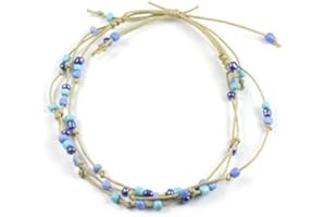 GOWER COAST CRAFTS Handmade 3 String Blue Bead Surf Anklet on Beige Cord