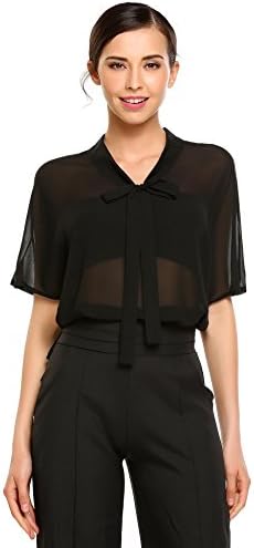 FASHION4OL Women Chiffon Front Knot Short Sleeve See Through Tops Blouse Shirts