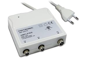 Metronic 332176 - Amplificador para Interior FM/VHF/UHF con Ajuste de Ganancia de 30 DB con Filtro 4G, Compatible Dab+, Entrada/Salidas con Toma 9,52 mm, Blanco