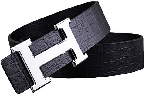 OKOKO men's fashion H copper buckle genuine leather belt(H3) (115cm(up to 39" waist), Black Silver buckle)