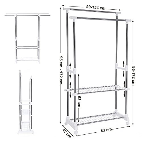 Songmics Kleiderständer mit 2 Schuhablage Verstellbar 95-172 cm, Edelstahl plattierte Rohre LLR03W - 4