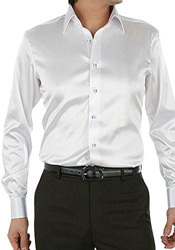 EUROUS Men's Fashion Shiny Regular-Fit Solid Color Dance Prom Silk Like Dress Shirt (White, S)