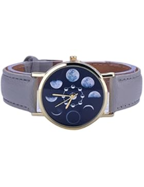 Vovotrade Damen Uhren Mond Eklipsen Muster Leder analoge Quarz Armbanduhr(Grau))