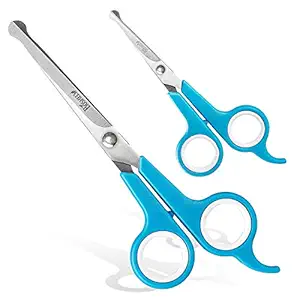 Dog Grooming Scissors By Boshel - Set of 2 Pet Grooming Scissors - Safety Rounded Tips - Micro-serrated Smaller Scissor for Face, Ear, Nose & Paw + Larger, Sharp Scissor for Dog & Cat Body Trimming