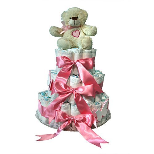 Tarta de pañales niña Dodot - Oso Corazón 3 pisos rosa - Mil Cestas