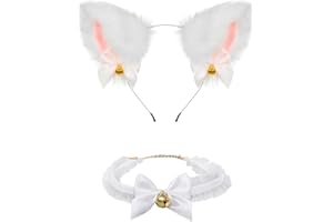 JIOLINK Orecchie da Gatto,Fascia Gatto Orecchie Peluche,Orecchie da Gatto Cosplay,Collana Girocollo con Campane, per Festa Costume Carnevale Halloween Natale Donna