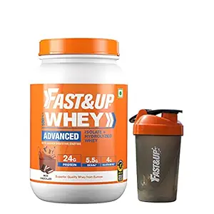 FAST&UP 100% Whey Isolate & Hydrolysate Whey Protein (Rich Chocolate, 30 Servings) with FREE SHAKER - 24g Protein, 5.5g BCAA, 4g Glutamine (2.01Lbs, 912gm), White