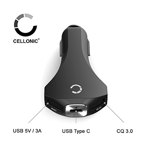 KFZ-Ladegerät USB-C, Quick Charge 3.0 (CELLONIC® Luxury Line) 3 Anschlüsse (USB-C, USB-A), Schnellladegerät, Auto Ladekabel, QC 3.0, Smart Charging, 2 x 3.0A / 5V – 12V Qualcomm für Smartphone / Tablet (Samsung Galaxy S7 S6 Edge Plus, Tab 7.0 8.0 8.4 10.1, Note, Apple iPhone 6 6S 7 7S, iPad HTC, Microsoft Nokia Lumia, Huawei Mate etc.), USB-C - 4