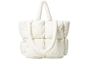 FOKH Large Puffer Tote, Trendy Luxury Chic Quilted Cotton Padded Designer Shopper Handbags for women, Winter Soft Shoulder Bag Nylon Down Pillow Bag for Women's (White)