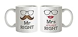 ZOKASA Mr. and Mrs. Right Ceramic Couple Coffee Mug, 300ml(Multicolour) - Set of 2