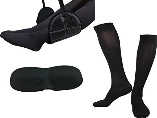 Sleepy Ride Memory Foam Footrest Airplane Travel Kit with Contoured Sleep Mask and Compression Socks - Tested and Proven to Prevent Swelling and Soreness - Provides Relaxation and Comfort
