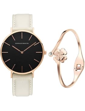 XLORDX Classic Damen-Armbanduhr Analog Quarz Weiß Leder Armband, Schwarz Zifferblatt mit Elegant Rosegold Armband