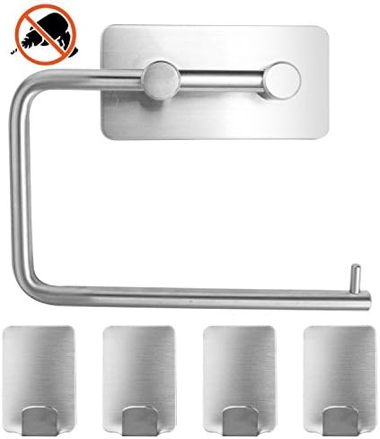 Toilet Roll Holder, KOLIER Self-Adhesive Stainless Steel Roll Hanger with 4 Towel Hooks, 3M Stick Self Adhesive for Kitchen and Bathroom, No Drilling