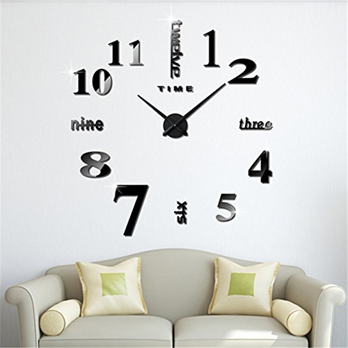 FAS1 Moderne DIY Große Wanduhr Big Armbanduhr Aufkleber 3D Aufkleber Spiegel Effekt Acryl Wanduhr Home Office Abnehmbarer Dekoration (Akku Nicht Enthalten) Schwarz