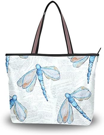 UHONEY Extra Large Handbags for Women,Hand Painting Blue Dragonfly Decoration Light Blue,Fashion Design Ladies Shoulder Tote Bag