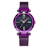 Damen-Magnet-Uhr-Quarz-Armbanduhren Sternenhimmel-Vorwahlknopf-Diamant-Ausschnitt Keine Wölbung Edelstahl-Maschen-Gurt-Uhr, Frauen (Lila)