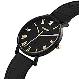 AIKURIO Damen Armbanduhr Analog Quarz Wasserdicht mit Lederband Ultra-dünnen Fall AKR009 (Schwarzes Fallgoldwort)