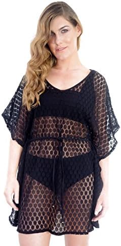 Clover Lewis SwimwearBlack Kaftan/Sizes UK 10-12 (EU 36-38) and UK 14-16 (EU 40-42) Wide Sleeves/Super-Soft Lace/Adjustable Tie Waist with Gold Bead Ties/Mid-Height Neckline/Lightweight