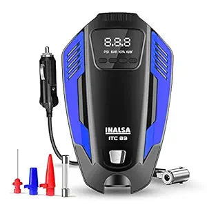 INALSA Tyre Inflator ITC 03 with Digital Display | 12 V DC Portable Tyre Inflator | 150 PSI with 3 Modes of Emergency LED Light | 150 Watt (Black/Blue)