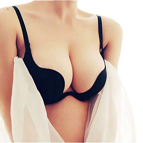 Nature Mujer Delgado De encaje Deep U Push Up 3/4 Taza de Sujetador y Bragas Conjuntos - (Negro ES-95C)