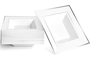 Matana - 20 Ciotole Quadrate Bianche in Plastica con Bordo Argento, 350ml - Piatti Fondi per Matrimoni, Compleanni, Battesimi, Natale, Barbecue, Feste - Resistenti e Riutilizzabili
