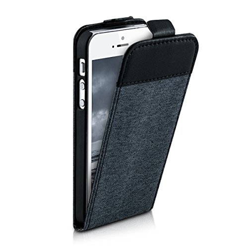 kwmobile Funda para Apple iPhone SE   5   5S - Carcasa de  Cuero sint  tico  y  Tela  - Case  Plegable  en  Gris Oscuro Negro 