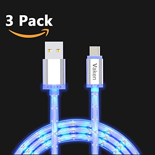 Vaken Premium LED in der Dunkelheit leuchtendes Hochgeschwindigkeits- USB 2.0 A Male to Micro USB B Lade- und Synchronisations Kabel mit Aluminiumkopf für Android (mirco usb * 3 packung) - 2