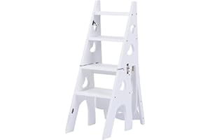 HYXSHOP 3 in 1 Gradino Pieghevole Convertibile, Sgabello Pieghevole in Legno Scala Portatile Sedia Sgabello Multifunzione Scaletta/Sedia per Casa Biblioteca 4 Gradini, Portafiori (Color : Bianca, S : 47x35x