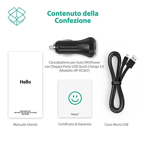RAVPower Caricabatterie Auto Quick Charge 3.0 36W con 2 Porte - Include un Cavo Micro USB