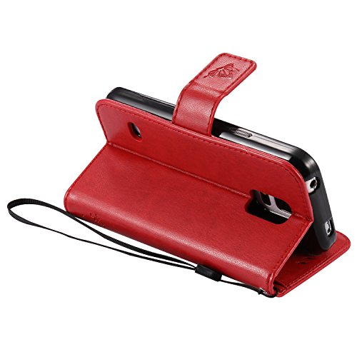 Samsung Galaxy S5 mini Hülle, Cozy Hut Samsung Galaxy S5 mini Hülle Muster, Handy Case Cover Tasche for Samsung Galaxy S5 mini (4.5 Zoll), Bunte Retro Katzen Schmetterlinge Baum Prägemuster Design Muster Druck Flip PU Leder Tasche Case Hülle im Bookstyle mit Standfunktion Kartenfächer mit Weich TPU Innere Hülle Case für Samsung Galaxy S5 mini – Rote - 5
