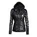 Produktbild Jacke FORH Damen Chic Hoodie lederjacke Kunstleder Jacke wram wintermantel super cool Motorradjacke zipper Windbreaker Mantel Mit Kapuze outwear Wasserdicht Winddicht Kragen abnehmbar (XXL, Schwarz)