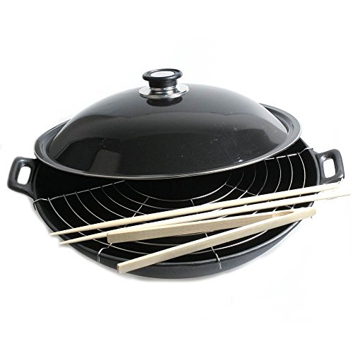 Big BBQ Wokpfanne Wok aus Gusseisen Ø 36 cm Abtropfgitter Deckel Zange Stäbchen - 2