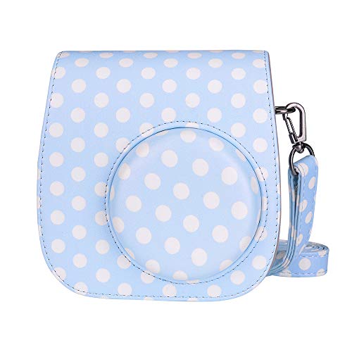 Goocor PU Cuero Instax Mini 8 Carcasa de La Cámara para Fujifilm Instax Mini 8 / Mini 8 + / Mini 9 Cámara Instantánea con Correa Ajustable (Punto Blanco Azul)