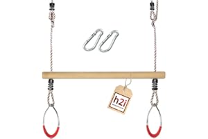 h2i Balançoire trapézoïdale avec anneaux de gymnastique - Barre trapézoïdale en bois avec cordes et mousquetons - Anneaux de gymnastique en métal rouge - Balançoire pour enfants d'extérieur et