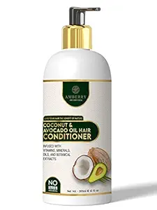 Amberry Ayurveda Avocado Oil and Coconut Milk Conditioner 300ml - Increases Gloss, Hydration, Shine - Reduce Itchy Scalp, Dandruff & Frizz - Parabens or Sulfates Free - Suitable for All Hair Types