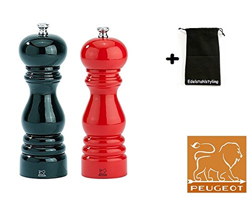Peugeot Set PARIS Pfeffermühle + Salzmühle schwarz / Mohn rot lackiert 18 cm + Stoffbeutel