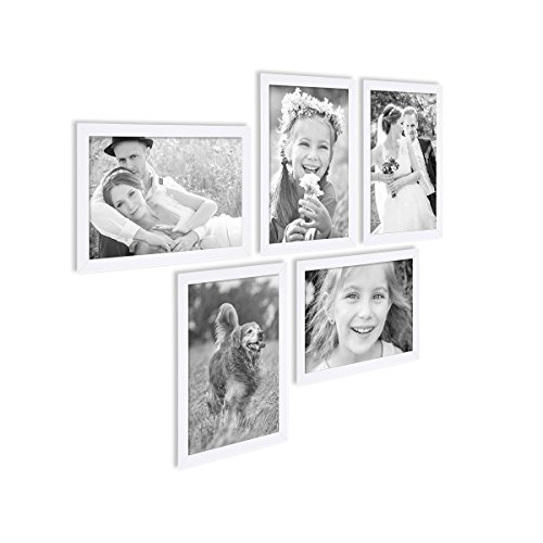 5er Bilderrahmen-Set 21x30 cm DIN A4 Photolini Basic Collection Modern Weiss aus MDF inklusive Zubehör / Bilderrahmen-Collage